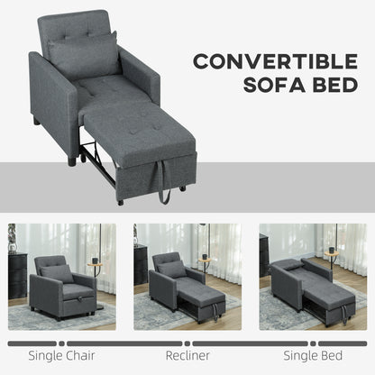 3-In-1 Chair Bed, Convertible Sleeper Chair with Adjustable Backrest, Pillow and Footrest for Living Room, Dark Grey
