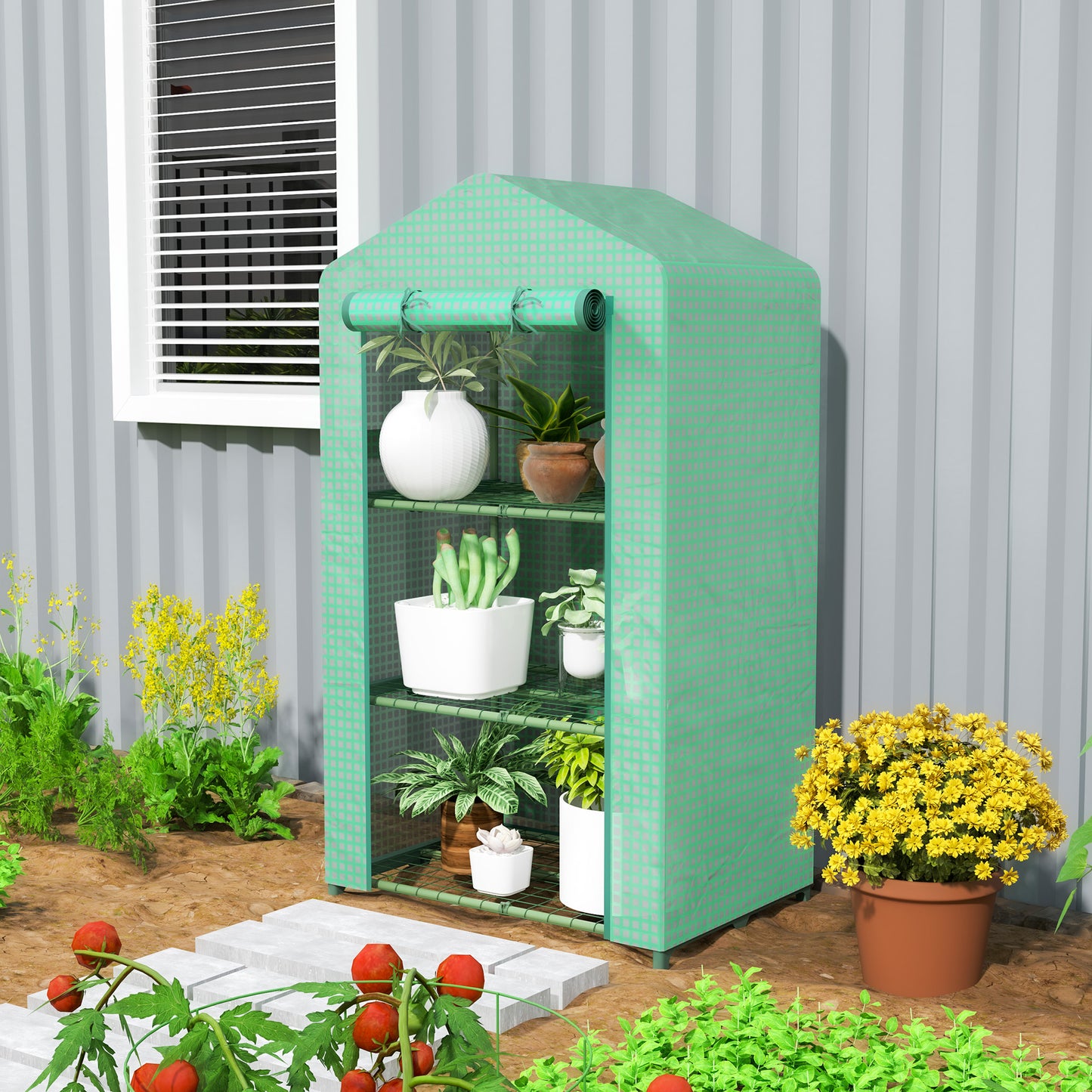 3 Tier Mini Greenhouse Portable Garden Grow House with Roll Up Door and Wire Shelves, 69 x 49 x 125 cm, Green