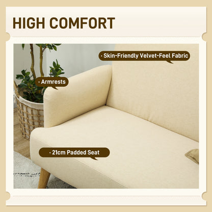 Vintage Retro Style Velvet Feel Fabric 2 Seater Sofa, Small Sofa Loveseat with 21cm Thick Padding and Wood Legs, Cream White