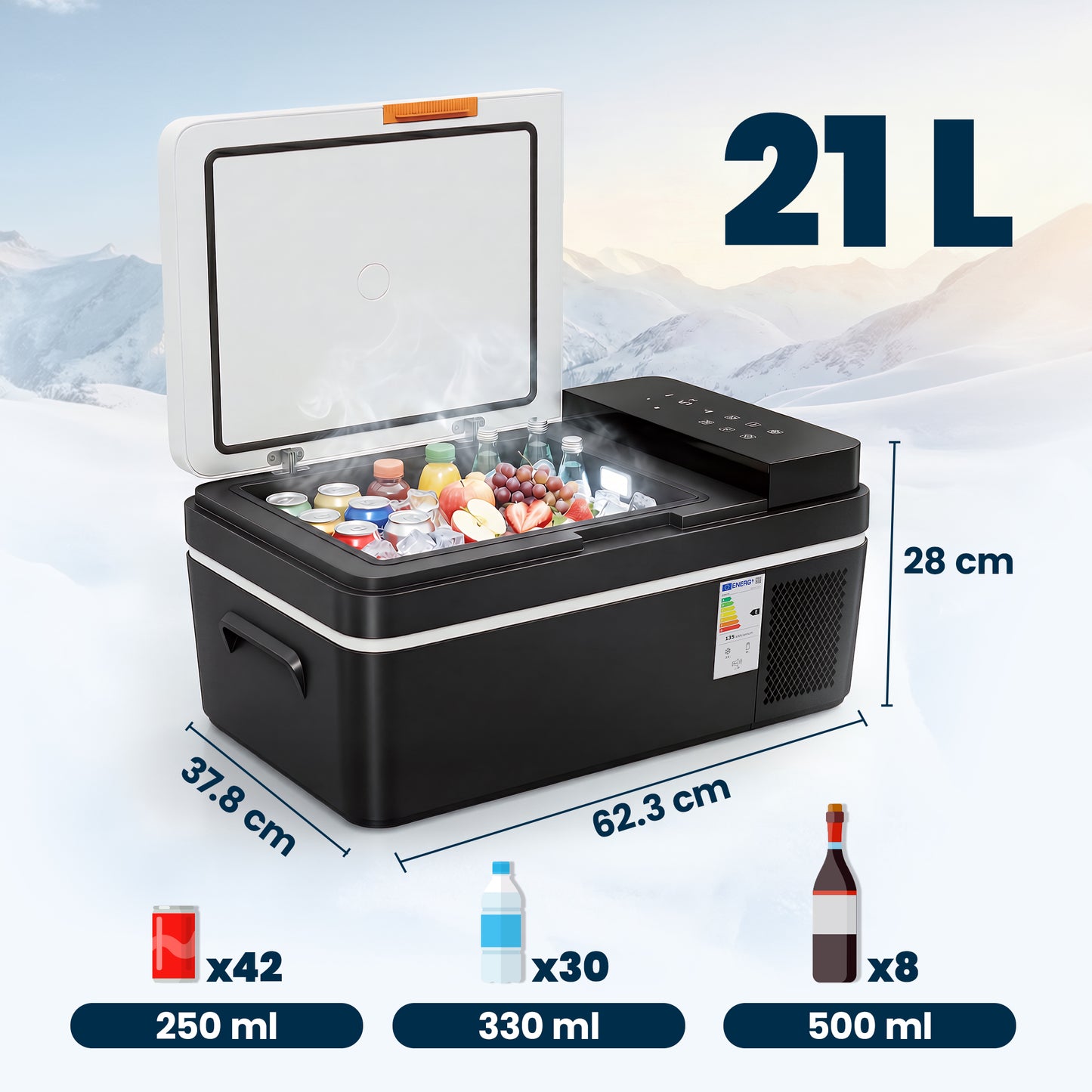 20L Compressor Car Fridge Freezer | Cools to 0°C in 15 Mins | -20°C to +20°C | Bluetooth App Control | LED Interior | MAX & ECO Modes | 12/24V DC & 100-240V AC | Black