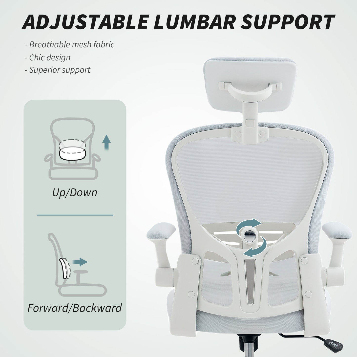 Ergonomic Mesh Office Chair | Adjustable Lumbar Support & Headrest | Flip-Up Armrests | 50x50cm Seat | Height 43-51cm | 360° Swivel | 120kg | White