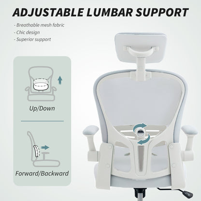 Ergonomic Mesh Office Chair | Adjustable Lumbar Support & Headrest | Flip-Up Armrests | 50x50cm Seat | Height 43-51cm | 360° Swivel | 120kg | White