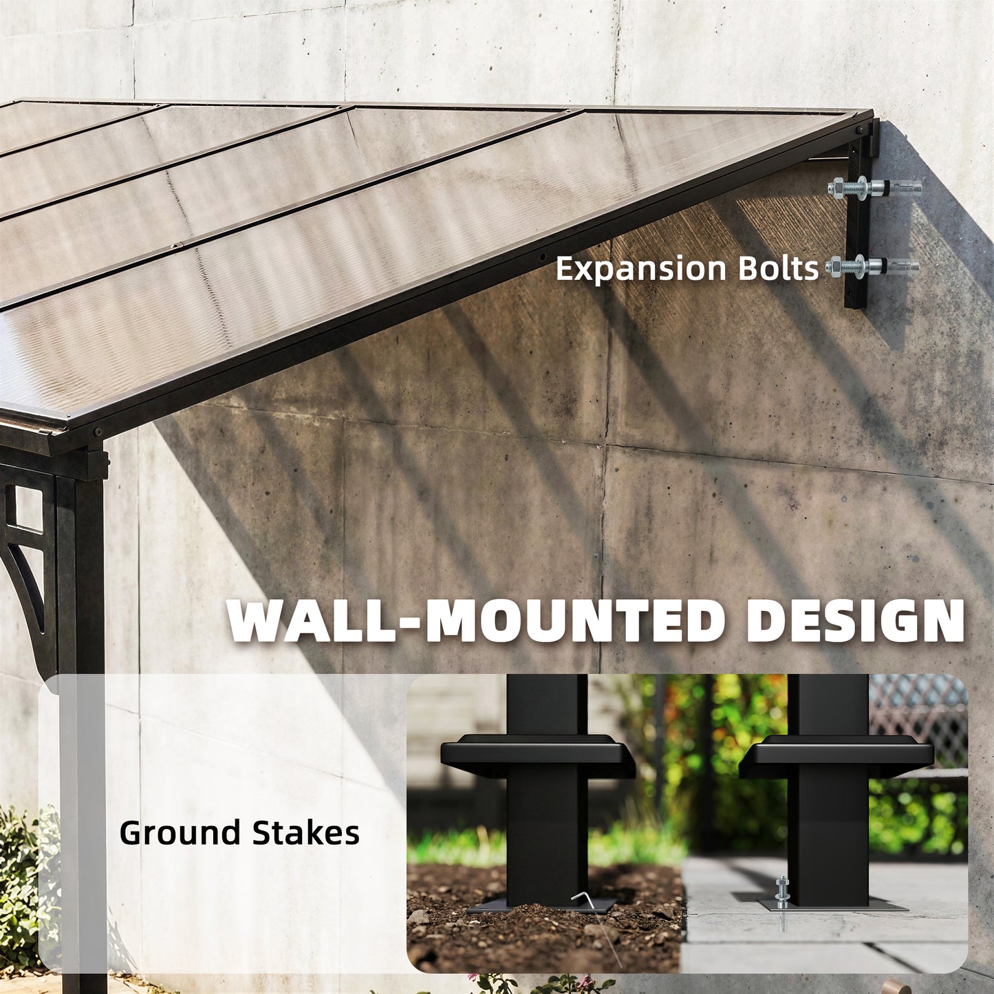 4x3m Hardtop Lean-To Pergola | 7mm Polycarbonate Roof | Galvanised Frame | Wall-Mounted | Windproof Level 6 | Brown