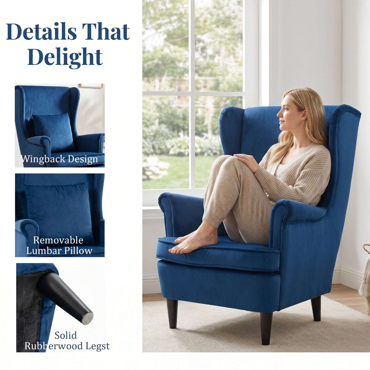 Velvet Wingback Accent Chair | 70cm High Back | Removable Washable Pillow Cover | Thick Sponge Seat | Solid Wood Legs | Non-Slip Pads | 120kg Capacity | 75x83x104cm | Blue