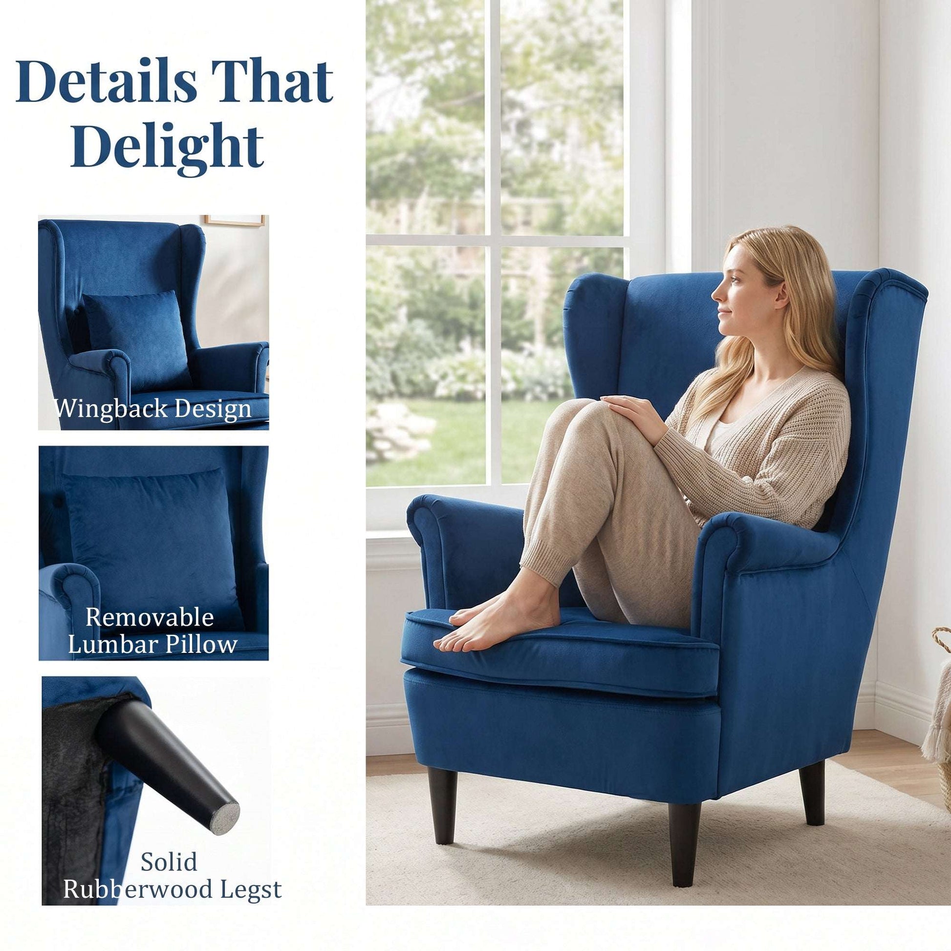 Velvet Wingback Accent Chair | 70cm High Back | Removable Washable Pillow Cover | Thick Sponge Seat | Solid Wood Legs | Non-Slip Pads | 120kg Capacity | 75x83x104cm | Blue