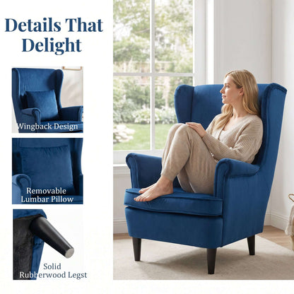 Velvet Wingback Accent Chair | 70cm High Back | Removable Washable Pillow Cover | Thick Sponge Seat | Solid Wood Legs | Non-Slip Pads | 120kg Capacity | 75x83x104cm | Blue