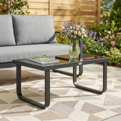 Rectangle Garden Coffee Table | Tempered Glass Top | Unique Leg Design | Adjustable Feet | 30kg | Black