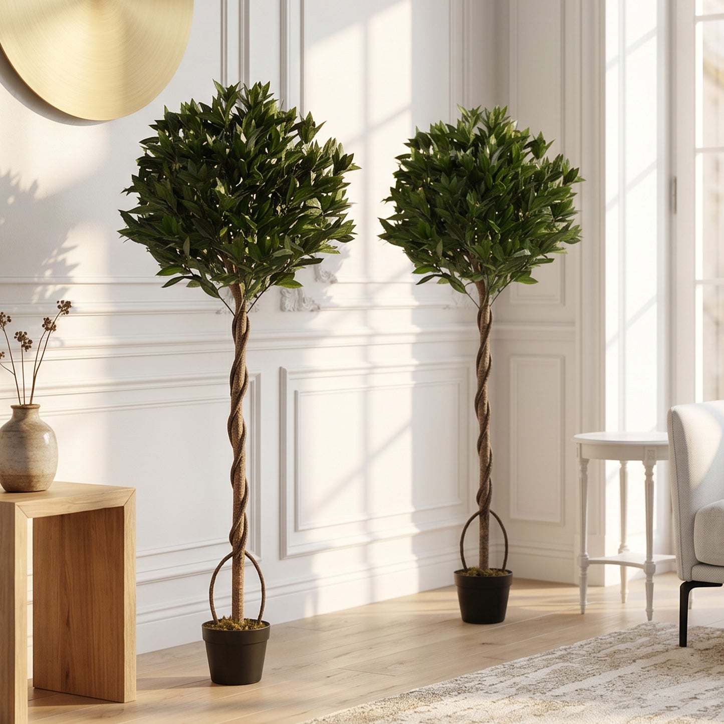 Set of 2 Artificial Bay Laurel Topiary Trees | 1209 PE Leaves | Twisted Trunk | Bendable Branches | UV-Resistant | Weighted Cement Pots | Indoor & Outdoor | 50 x 150cm | Green