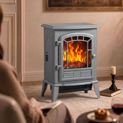 Freestanding Electric Fireplace Stove | 1000W/2000W | LED Flame Effect | Adjustable Thermostat | Grey