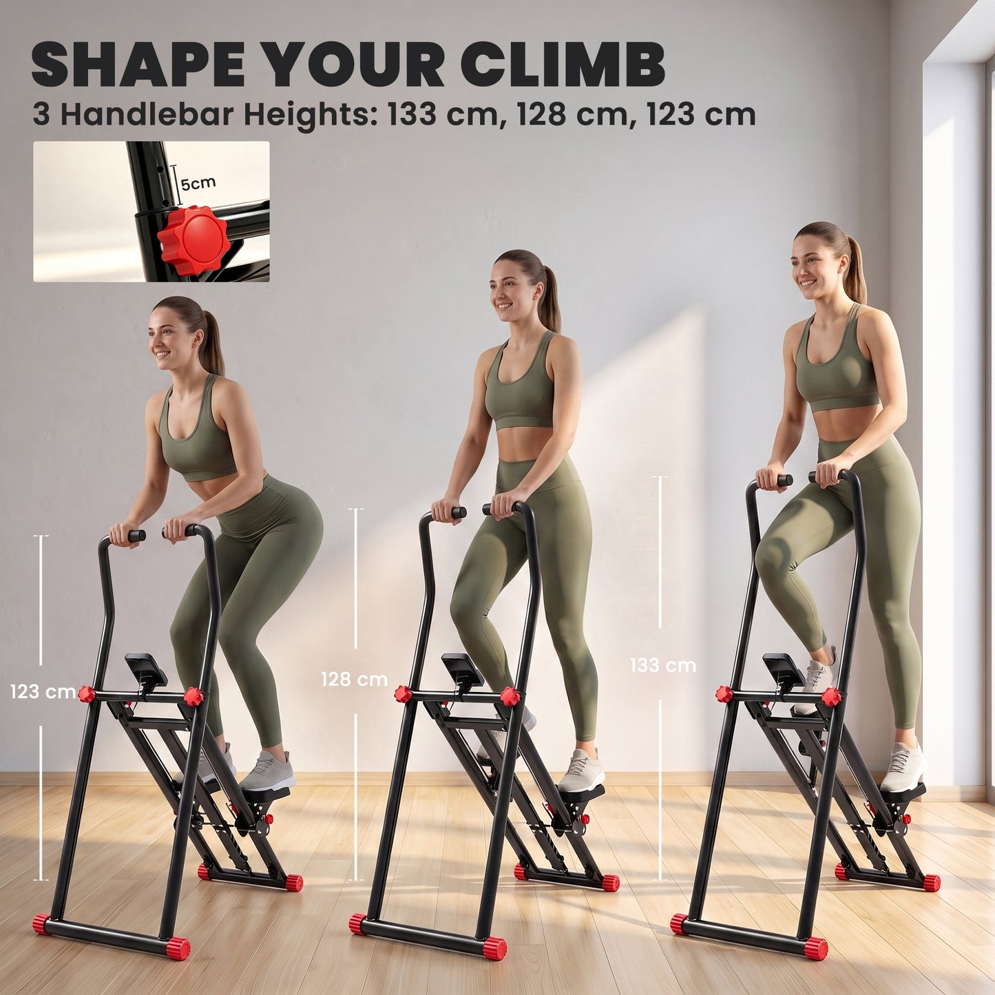 Vertical Stair Climber Stepper | 3 Resistance Levels | Adjustable Handlebar 123–133cm | 150kg | LCD Monitor | Phone Holder | Foldable | Black