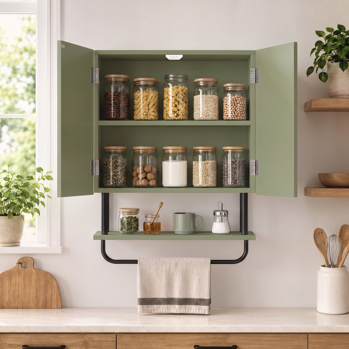 Bathroom Wall Cabinet | Modern Space Saver | Wall Mounted | Double Door Storage | Open Shelf | Towel Rail | Green