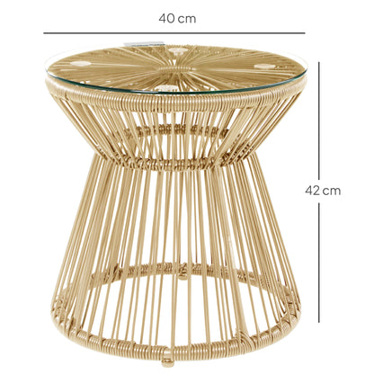 Round End Table, Rattan Side Table, Hollow Drum Design Coffee Table w/ Glass Tabletop for Patio, Garden, Balcony Natural
