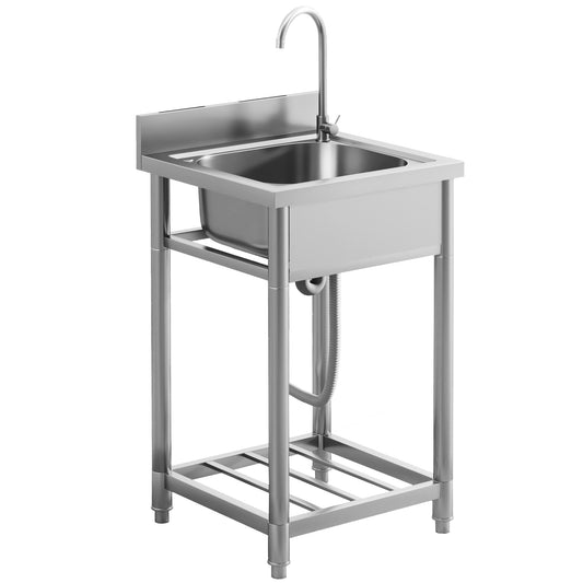 Outdoor Utility Sink, Free Standing Single Bowl Kitchen Sink with Cold and Hot Water Pipe and Storage Shelf for Laundry Garage, Silver Tone