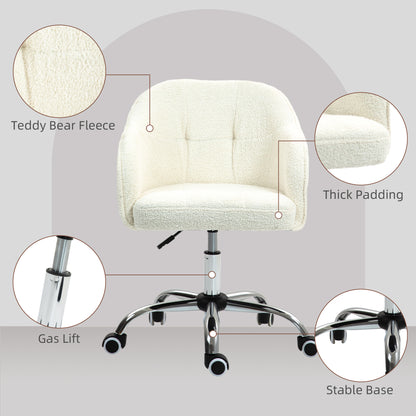 Computer Desk Chair, Fluffy Fabric Swivel Office Makeup Vanity Chair with Height Adjustable, Wheels, for Bedroom, Cream White