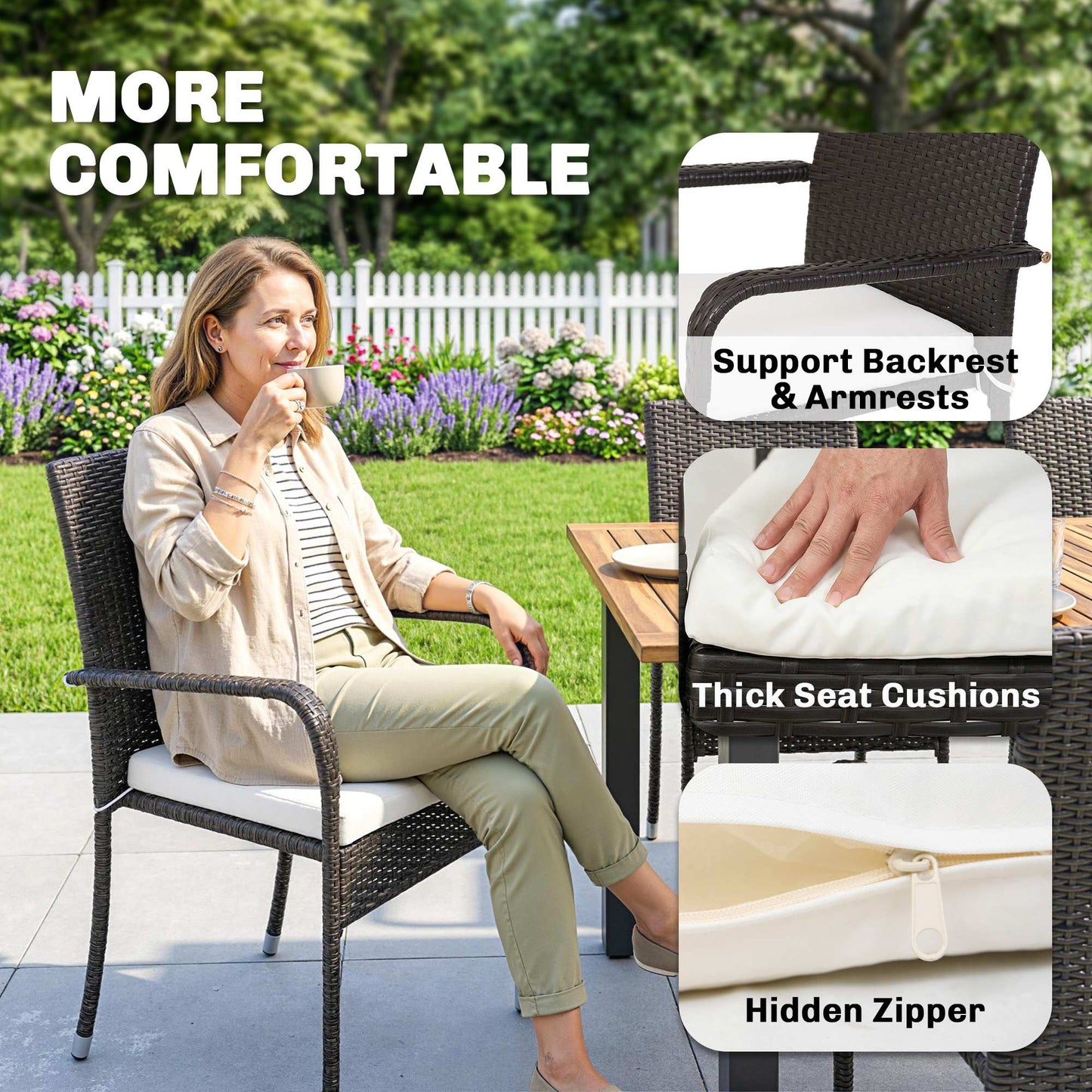 7-Piece Rattan Garden Furniture Set | 6 Seater | Extendable Acacia Wood Table 100-150cm | 6 Stackable High-Back Armchairs | Washable Cushion Covers | PE Rattan & Steel Frame | Cream