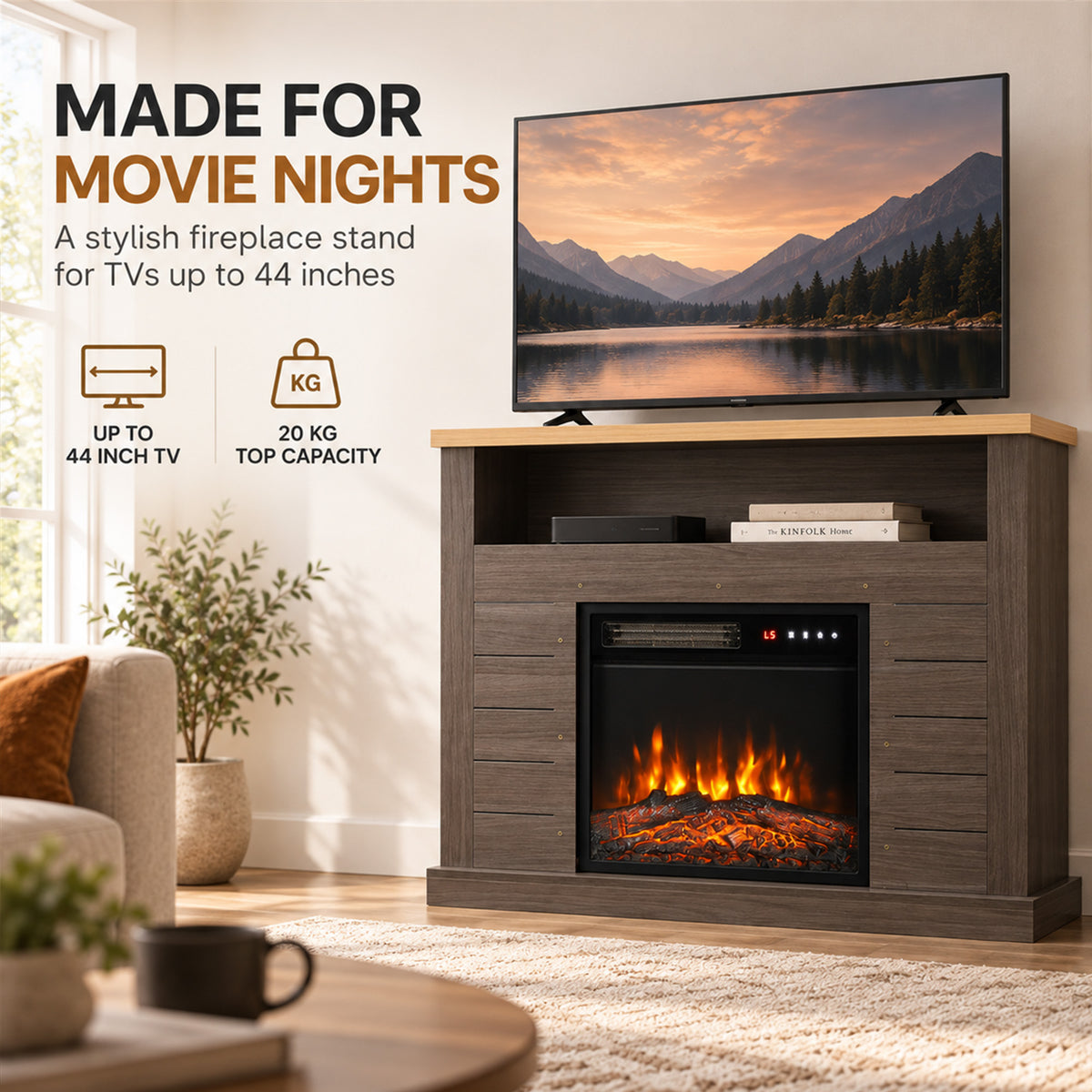 Electric Fireplace Suite | 1800W Fire & Charcoal Grey Surround | 96.5cm, Open Shelf & Wood-Effect Top | LED Flames, Remote & Timer