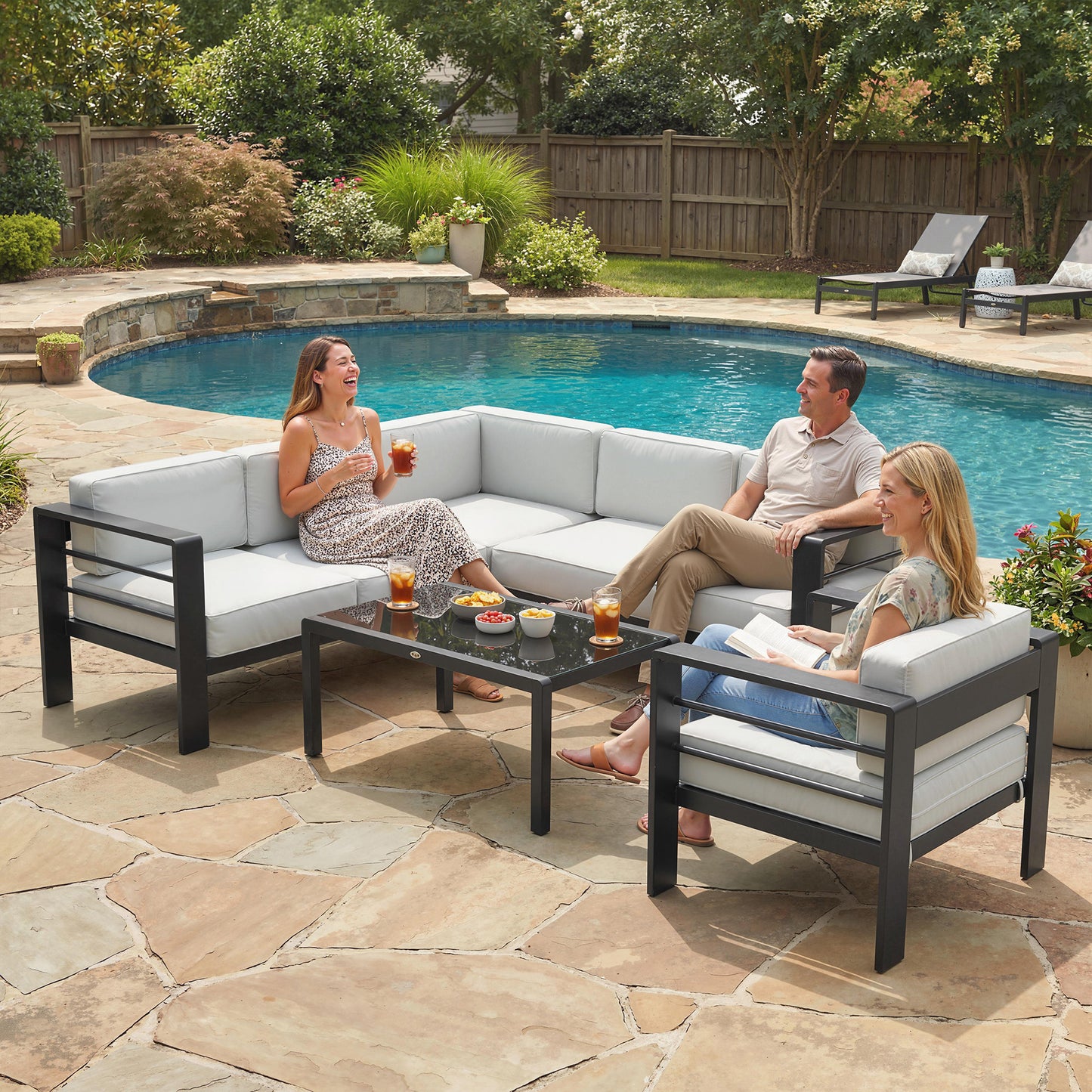 5-Piece 6-Seater Aluminium Garden Corner Sofa Set | Modular Layout | 13cm Cushions | Tempered Glass Table | 260kg | Light Grey