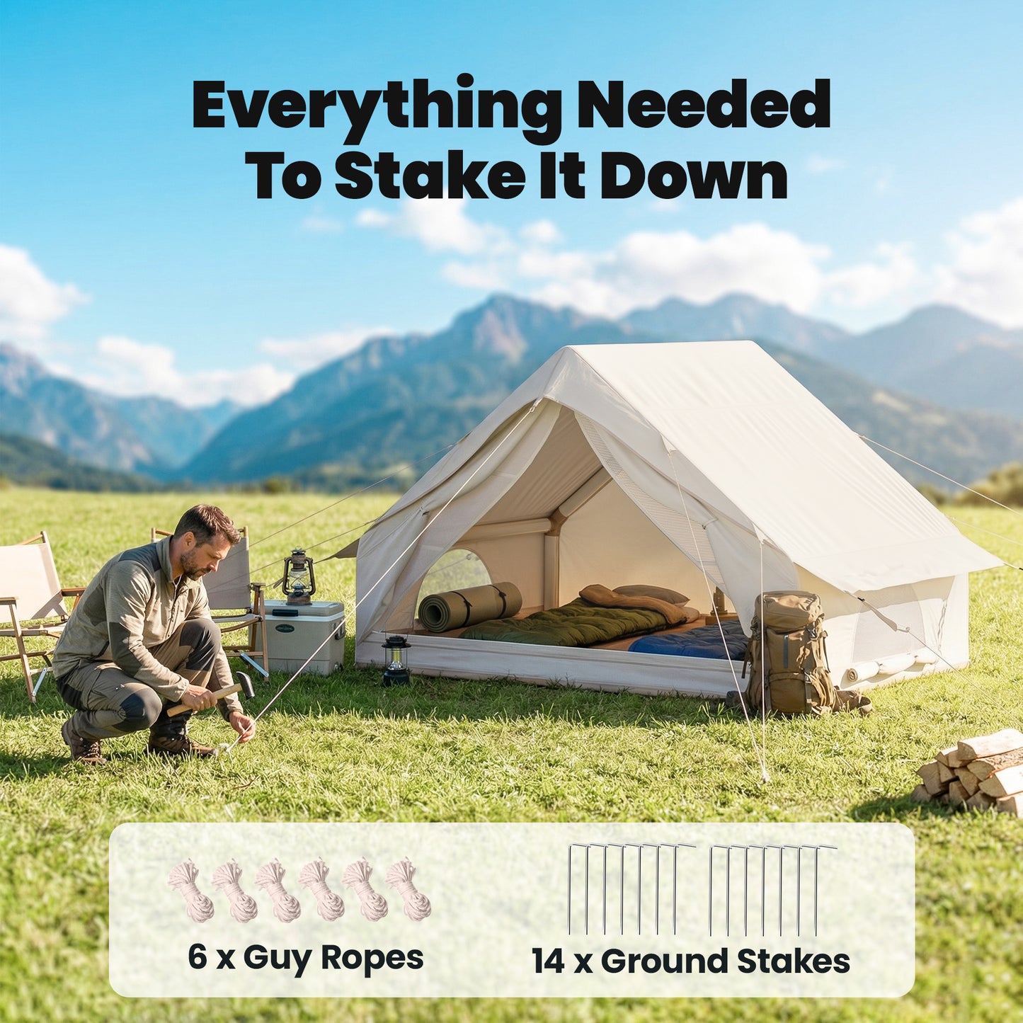 Inflatable Camping Tent | 2-4 Person | 5-Min Setup | Waterproof Oxford | Level 4 Wind | 300x210x190cm | Beige