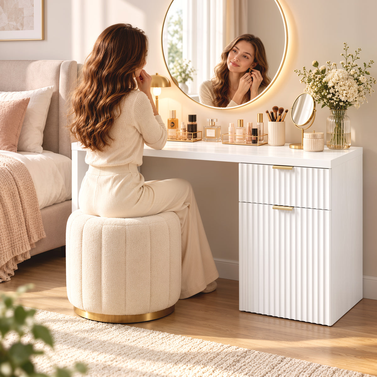 Reversible Computer Desk with Drawer & Cabinet | White & Gold MDF | 120x50x76cm | 3-Level Adjustable Shelf | Interchangeable Handles | Vanity Writing Office Desk | 60kg