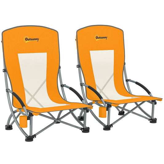 Set of 2 Folding Beach Chair, Low Camping Chair with Mesh Back, Carry Bag and Cup Holder for Garden Outdoor Picnic Festival Travel