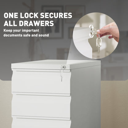 3 Drawer Slim Mobile Steel Filing Cabinet | Under Desk | 30x43.5x60cm | Lockable | A4 Legal Letter | Pencil Tray | 5 Casters Anti-Tip | Printer Stand | 30kg | White