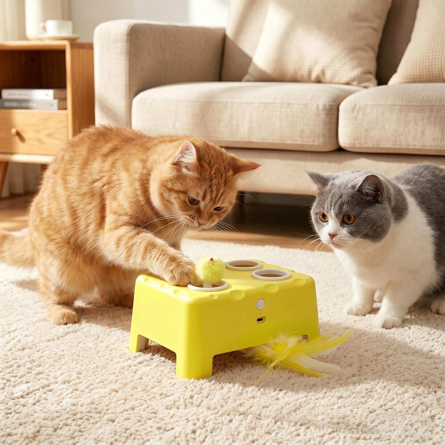 3-in-1 Interactive Cat Toy | Popping Mouse | Spinning Feather | USB-C | 15-Min Auto-Rest | Multi-Cat | Yellow
