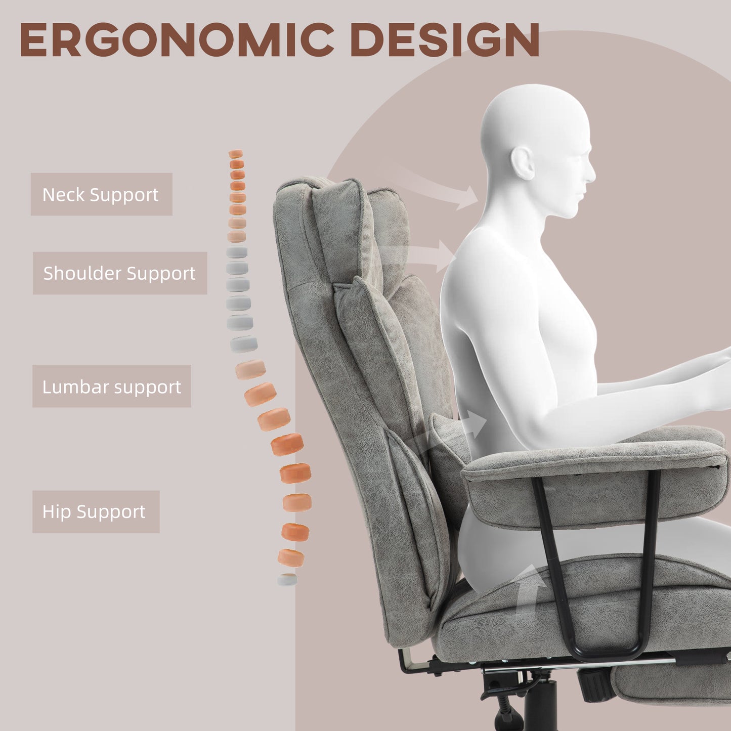 Executive Office Chair, Ergonomic Desk Chair with Foot Rest, Lumbar Support, Reclining Function and Wide Seat, Grey