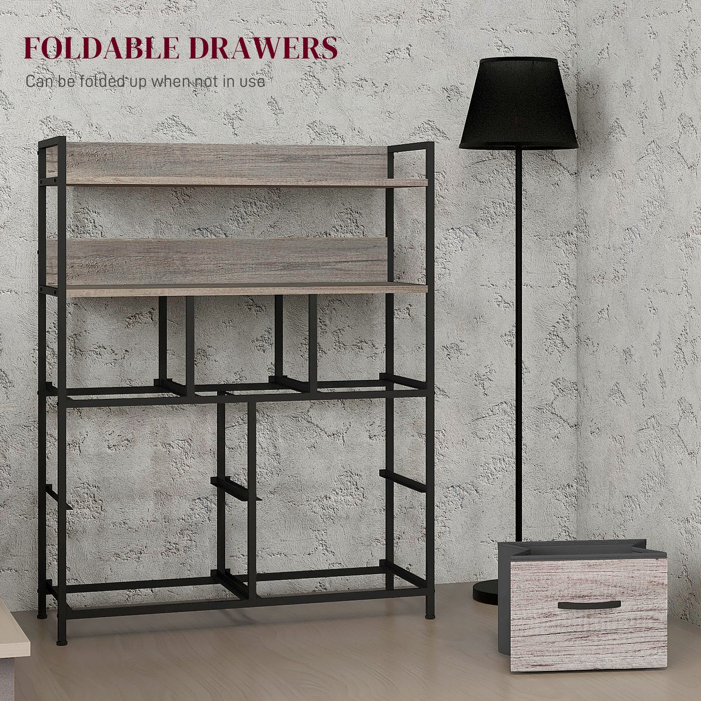 Retro Style Rustic Chest of Seven Fabric Drawers - Grey Wood Effect