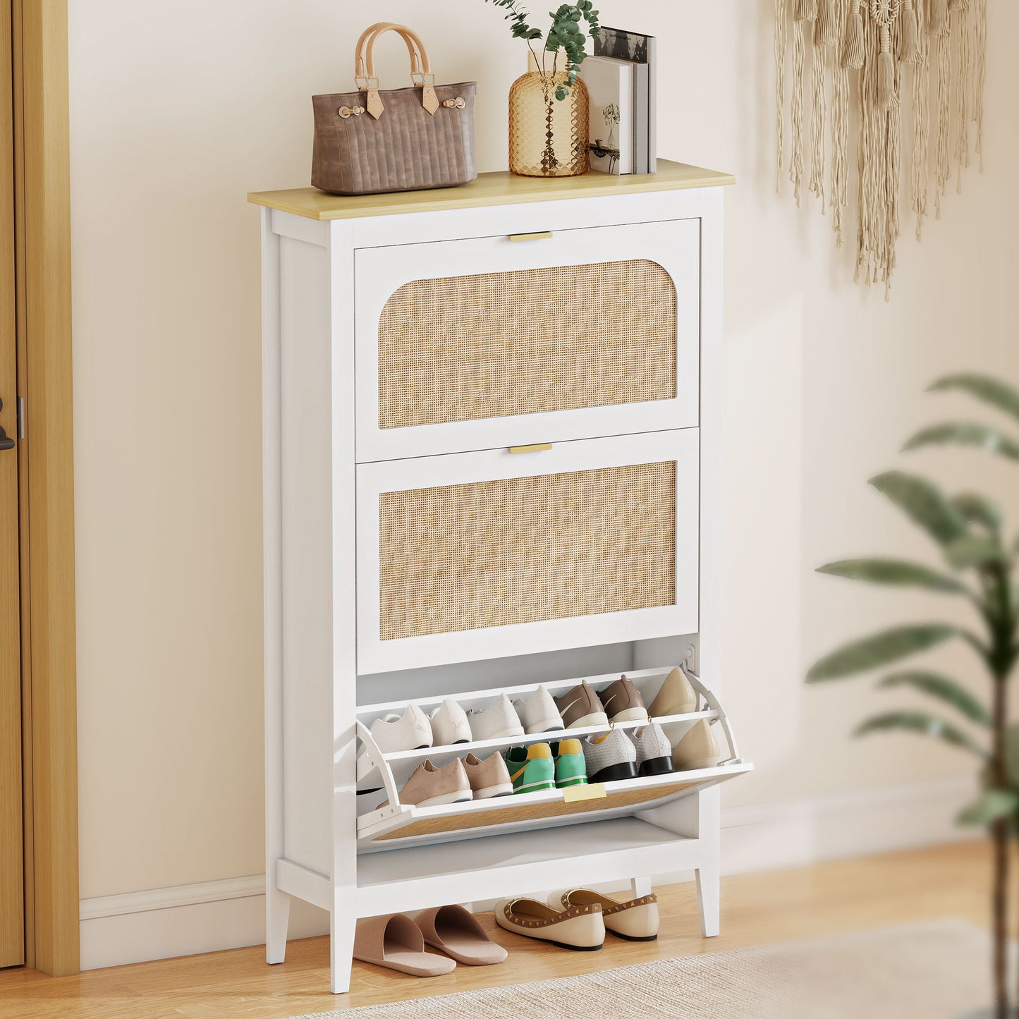 Boho Narrow Shoe Cabinet | 3 Flip Drawers | Rattan Doors | Oak-Effect Top | 21 Pairs | Adjustable Shelves | Anti-Tip Kit | 40kg Capacity | 80x24x131cm | White