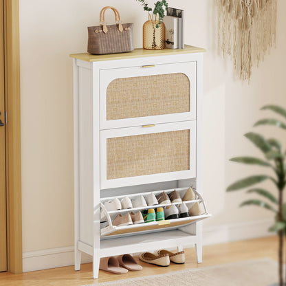 Boho Narrow Shoe Cabinet | 3 Flip Drawers | Rattan Doors | Oak-Effect Top | 21 Pairs | Adjustable Shelves | Anti-Tip Kit | 40kg Capacity | 80x24x131cm | White