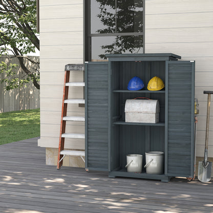 Outsunny Wooden Small Shed, Garden Storage Shed with 3 Shelves, Asphalt Roof and Shutter Doors, Grey