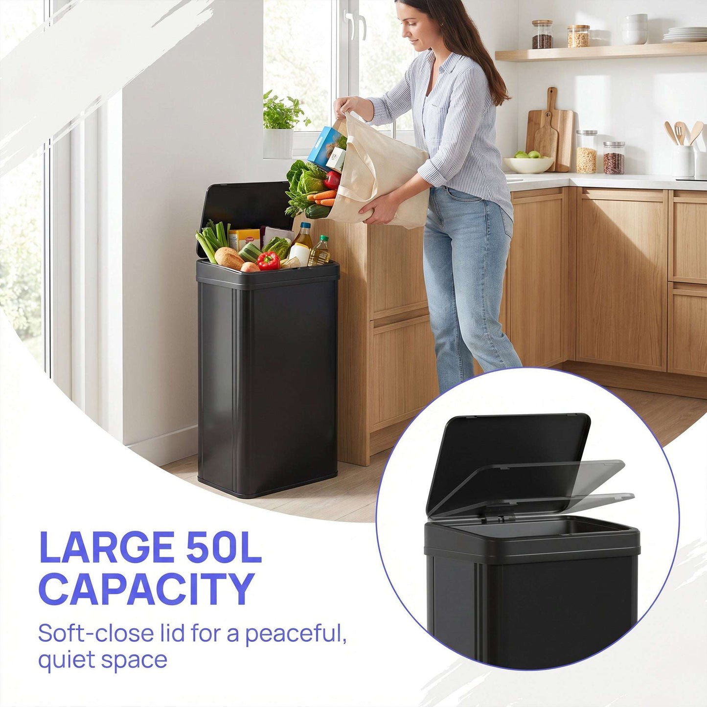 50L Motion Sensor Bin | 0.5s Open | Fingerprint-Resistant 410 Stainless Steel | Soft-Close Lid | Dual Modes | Extra-Wide Opening | Liner Ring | Fully Detachable | 4xAA 10,000 Cycles | 35.5x26x67cm | Black