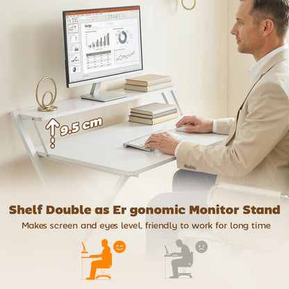 Folding Desk with Upper Shelf | X-Frame | Melamine Coated | 86x66x82cm | 20kg | Curved Corners | Easy Assembly | White