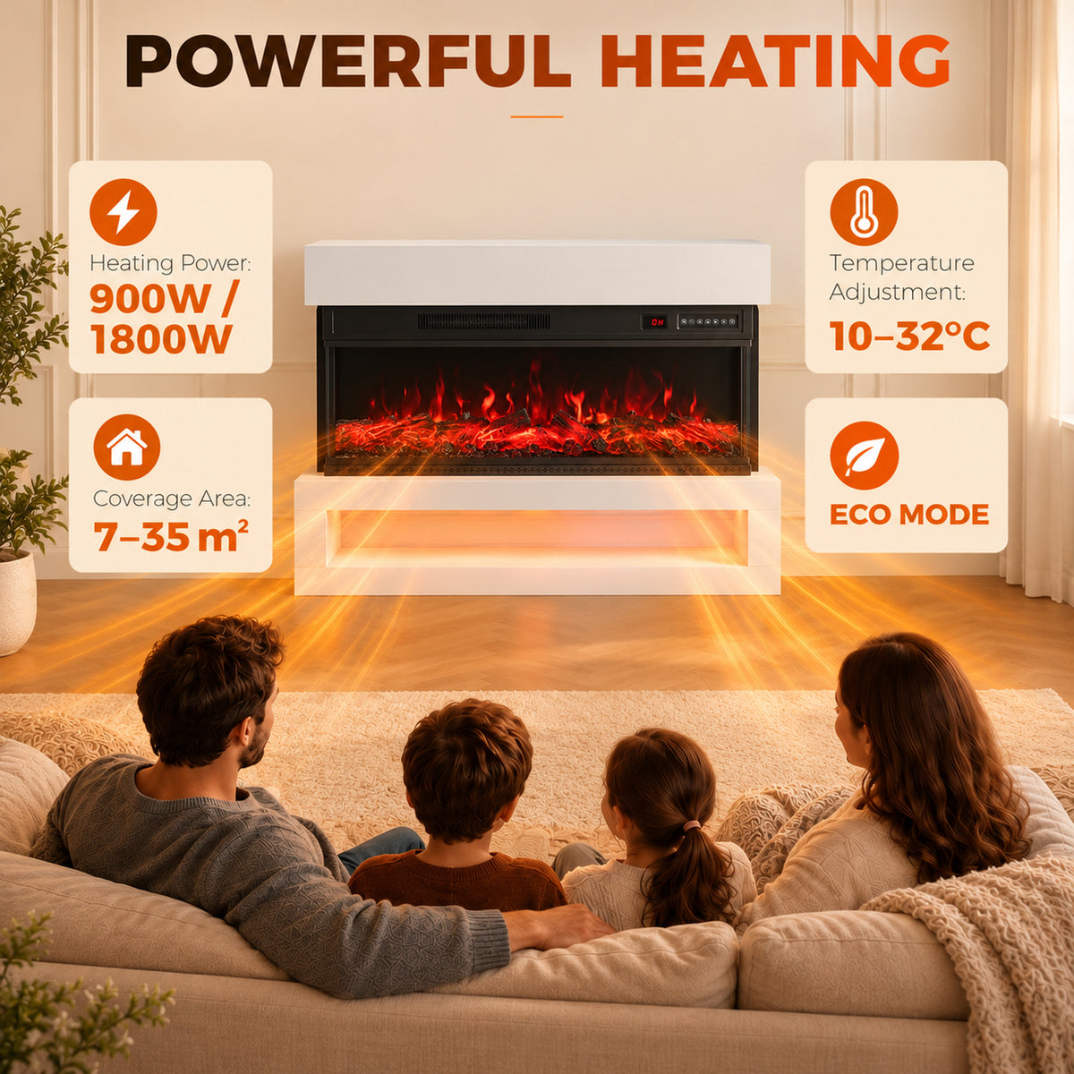 110cm Three-Sided Electric Fireplace Suite | 900/1800W, 12 Flame Colours & LED Shelf | Wall Mounted or Freestanding, Remote & Timer | White