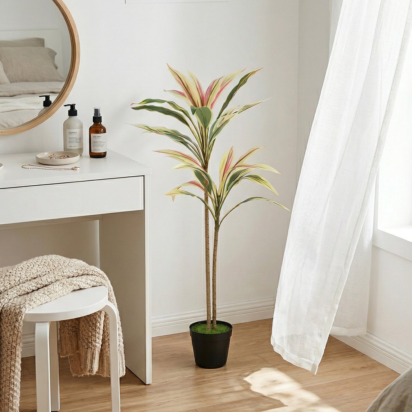 Artificial Cordyline Tree | 90cm | 29 PEVA Leaves | Soft-Touch | Moss Effect Base | Cement Pot | Shapeable | No Maintenance
