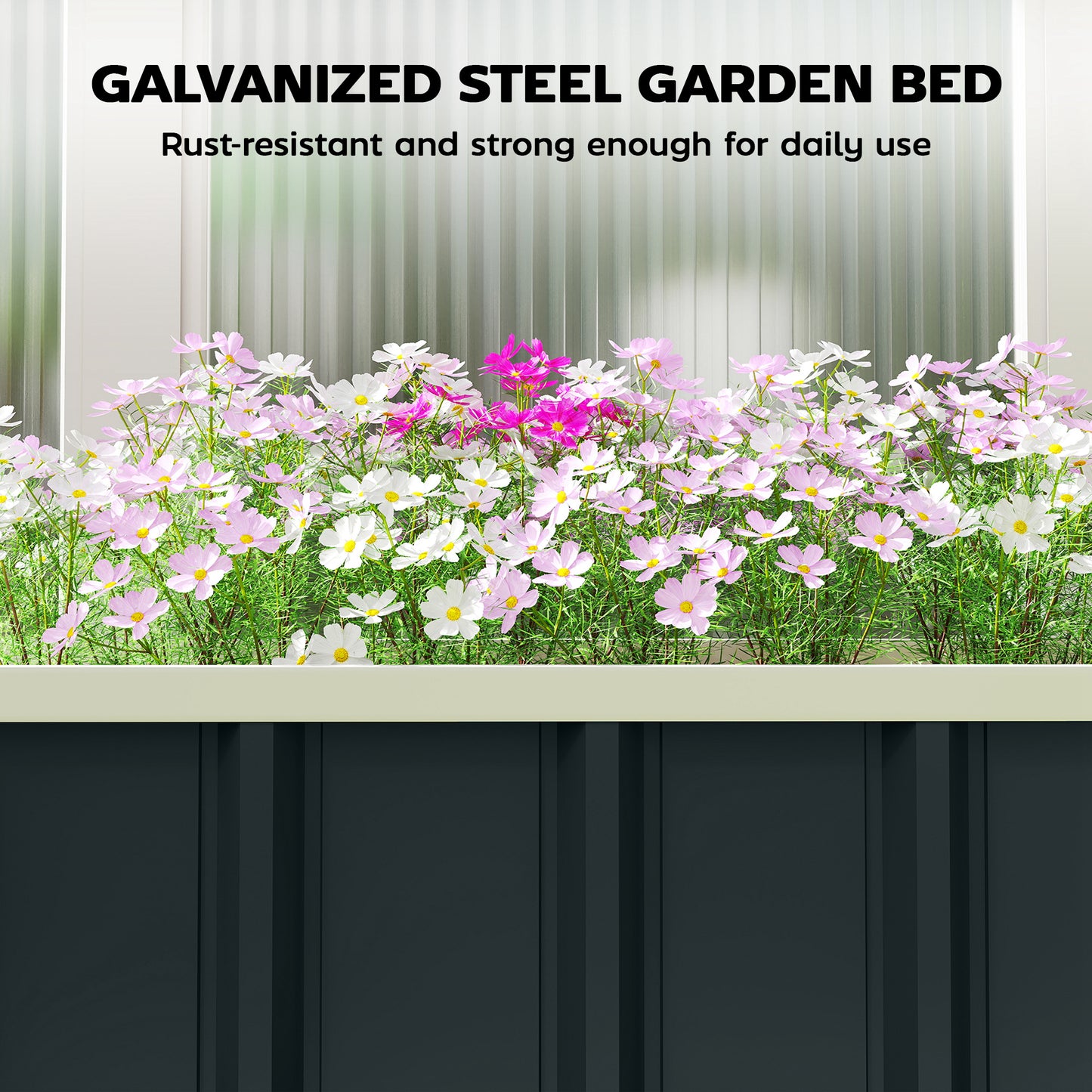 Galvanised Steel Raised Garden Bed | Folded Safety Edges | Snap-On Tool-Free Assembly | Powder-Coated Rust-Resistant | Open Bottom | 136x52x31cm | Herbs Flowers & Veg | Dark Grey