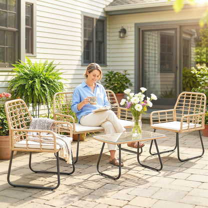 4 Piece Rattan Garden Furniture Set | Loveseat | 2 Armchairs | Coffee Table | Tempered Glass Top | PE Rattan & Metal Frame | High-Density Cushions | Washable Covers | Natural Wood