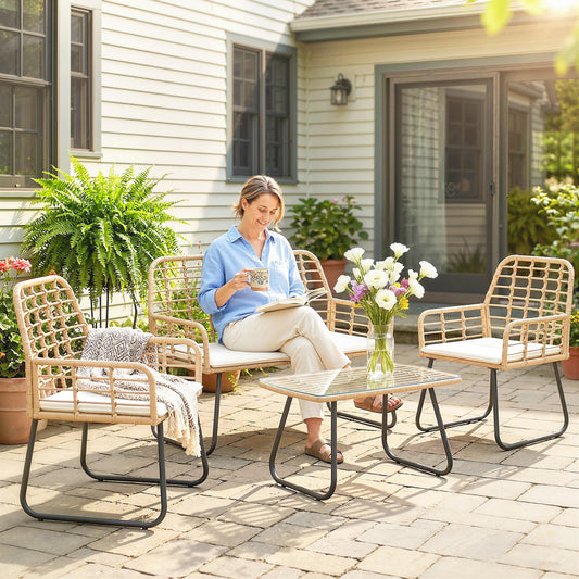 4 Piece Rattan Garden Furniture Set | Loveseat | 2 Armchairs | Coffee Table | Tempered Glass Top | PE Rattan & Metal Frame | High-Density Cushions | Washable Covers | Natural Wood