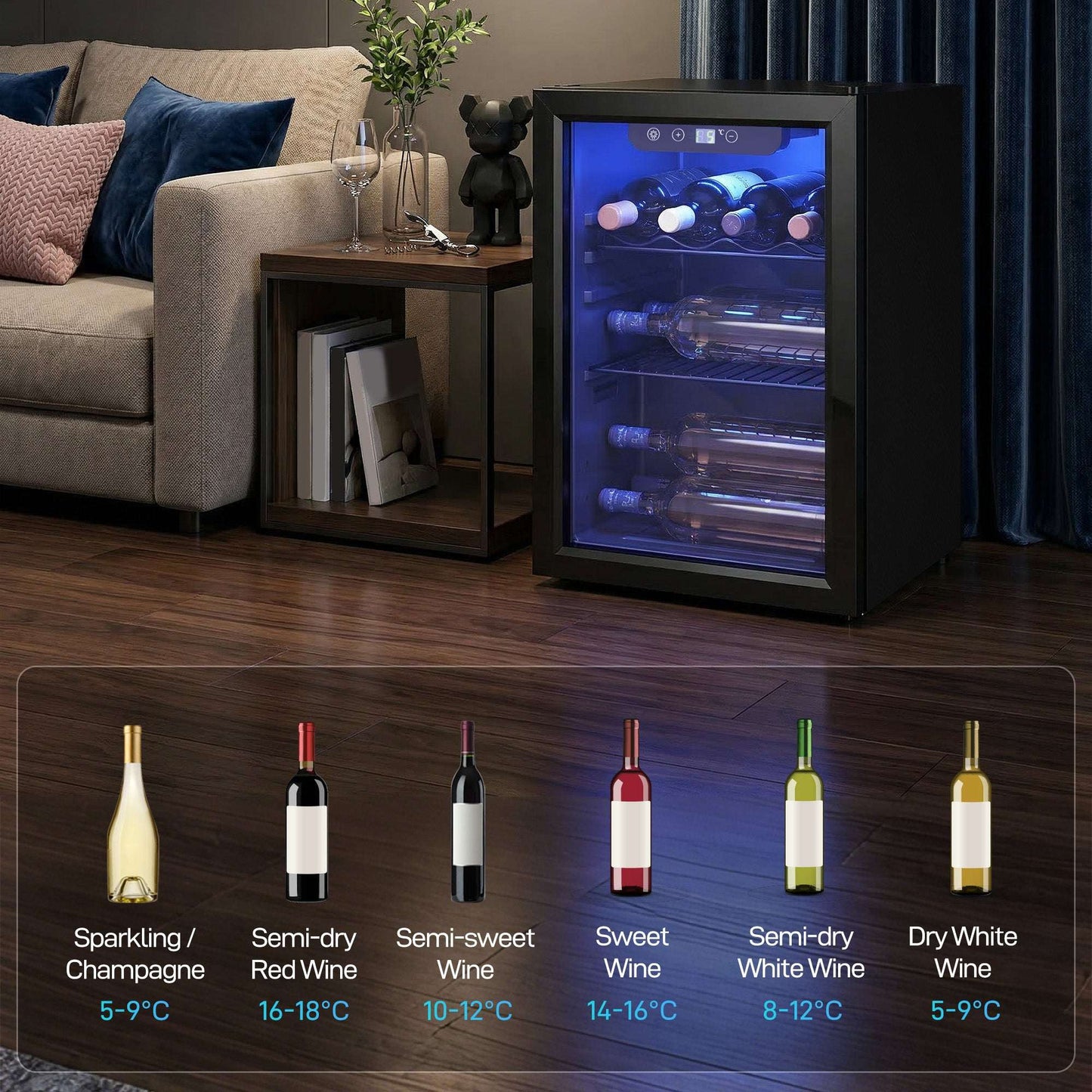 16 Bottle Wine Cooler, 48 Litre Capacity, 4-16°C Under Counter Drinks Beer Wine Fridge with Glass Door, LED Light, Black
