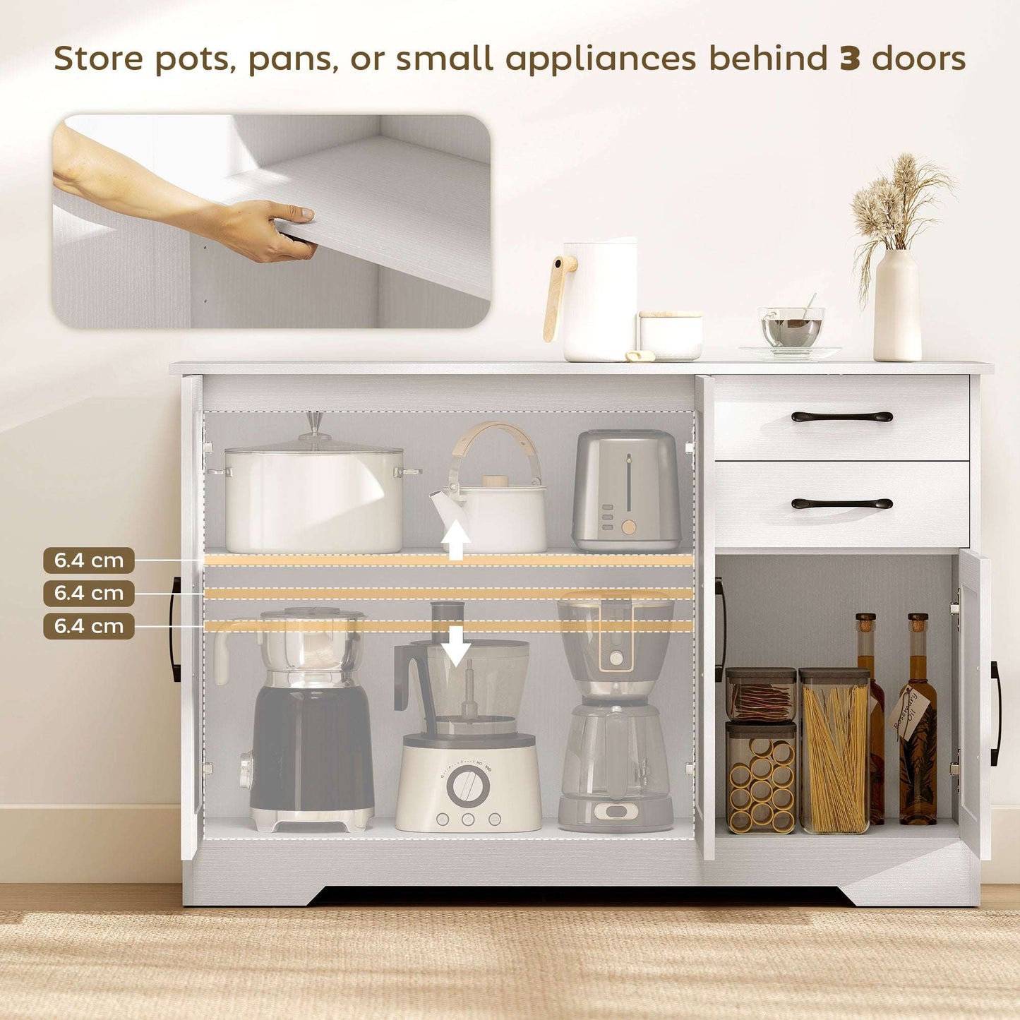 Sideboard with 2 Drawers Modern Storage Cabinet, Kitchen Cupboard with Adjustable Shelf and 3 Doors White