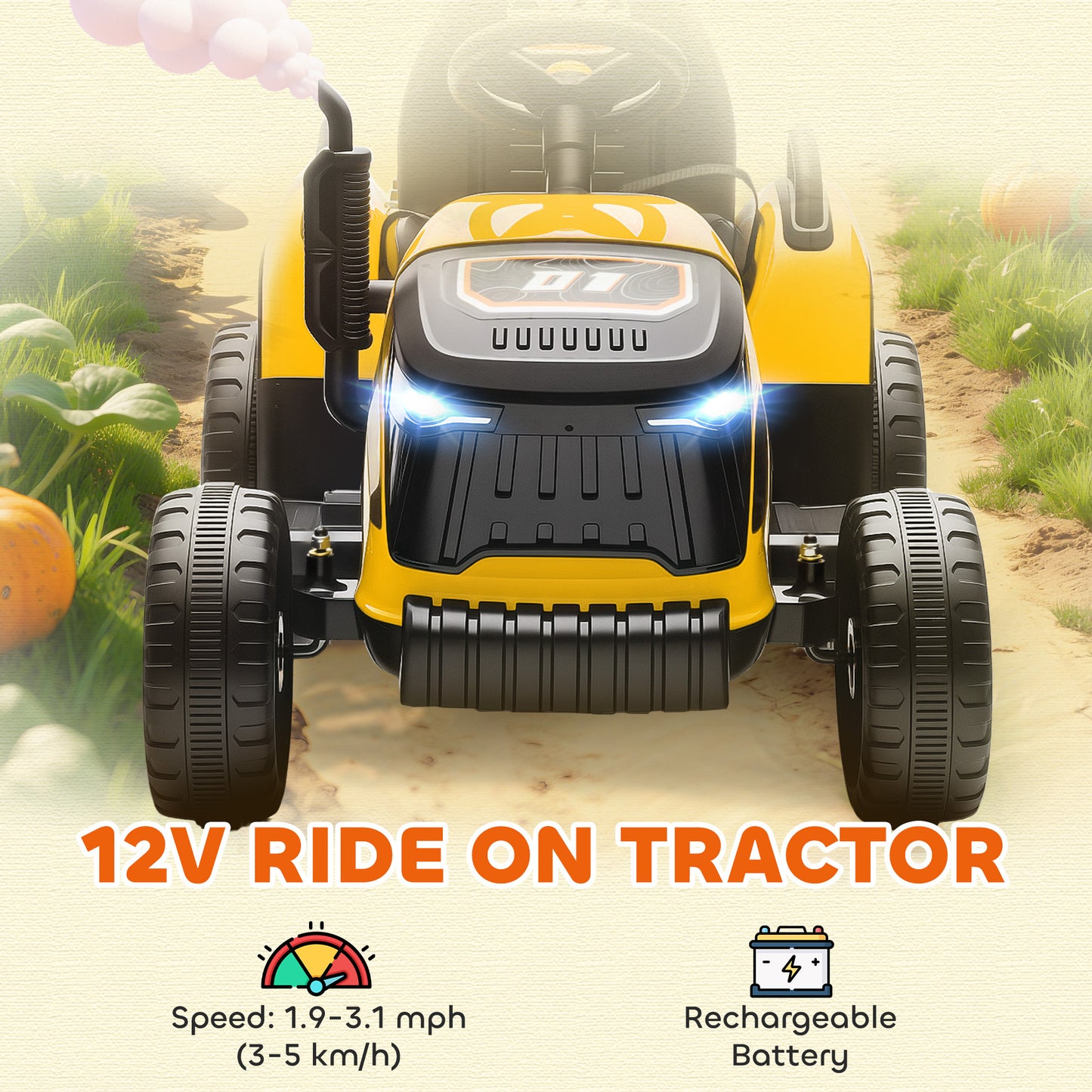 AIYAPLAY 12V Ride on Tractor and Trailer with Remote Control, Music, Shifter, Start-Up Sound, for Kids Ages 3-8 Years