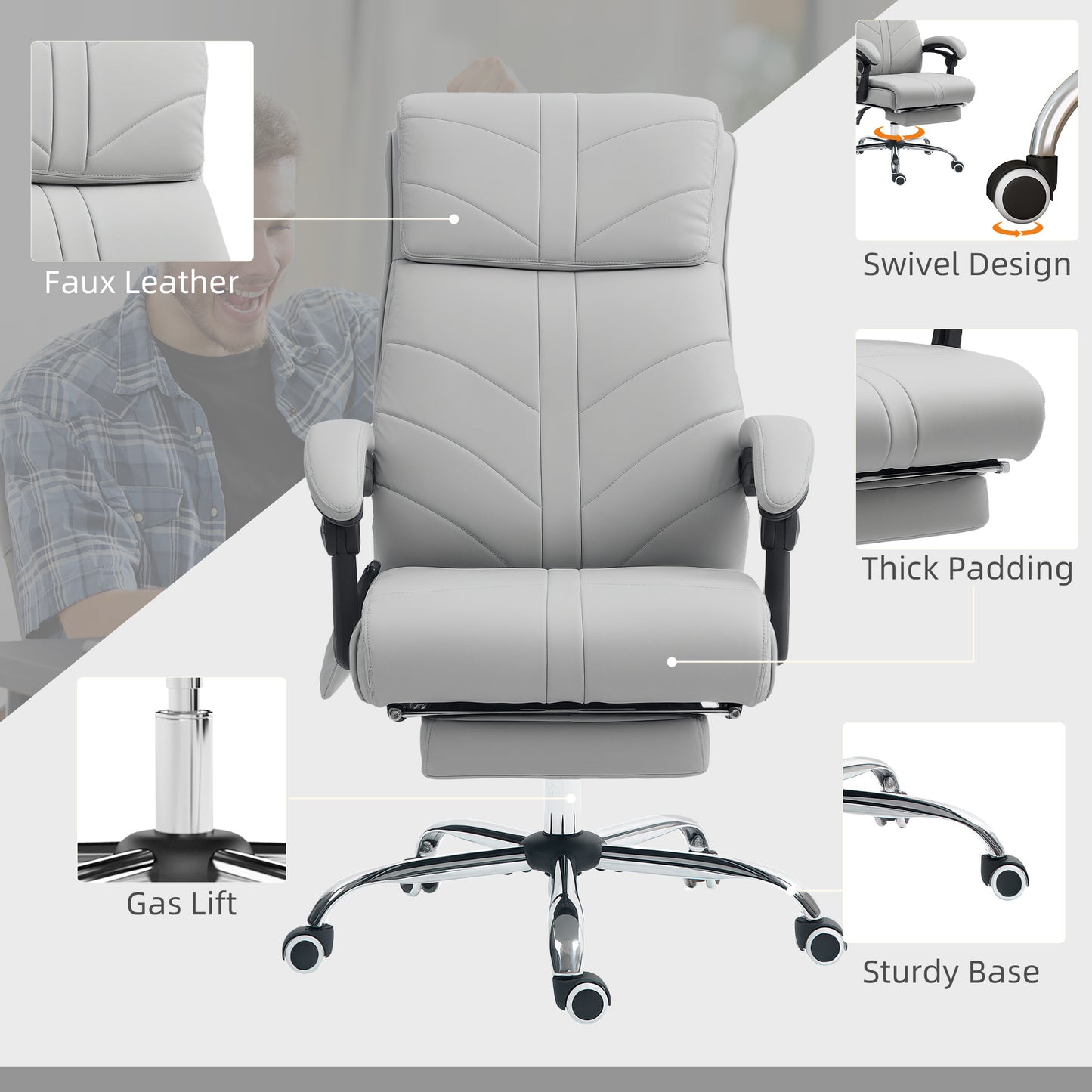 Faux Leather Massage Office Chair | 4 Point Vibration | Lumbar Heat | 3 Modes & Timer | Remote | 135° Recline & Footrest | 45-53cm Seat Height | 120kg | Light Grey