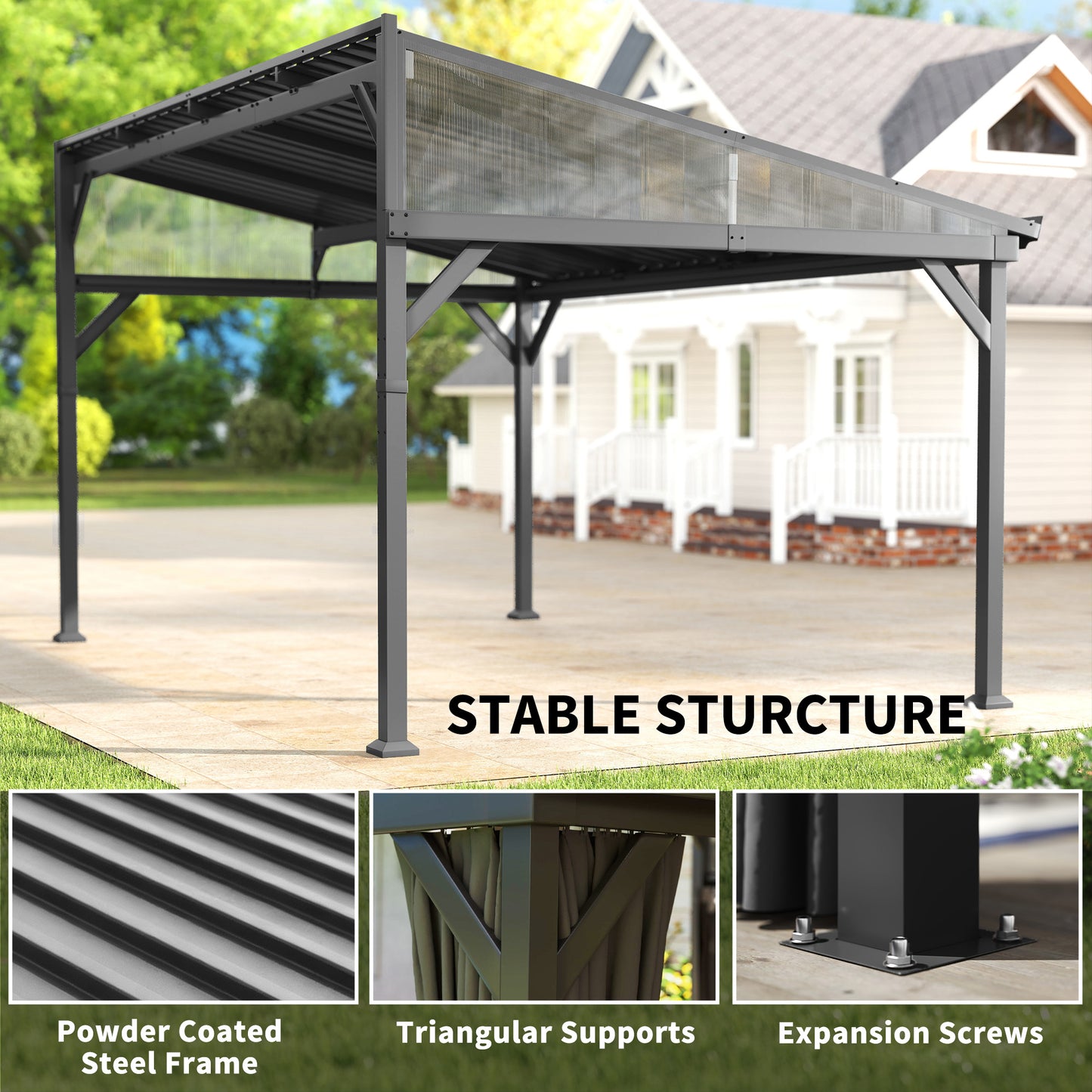 Outsunny 4.3 x 3 m Garden Pergola with Galvanised Steel Roof, Lean to Pergola Gazebo with Netting Curtains, Dark Grey