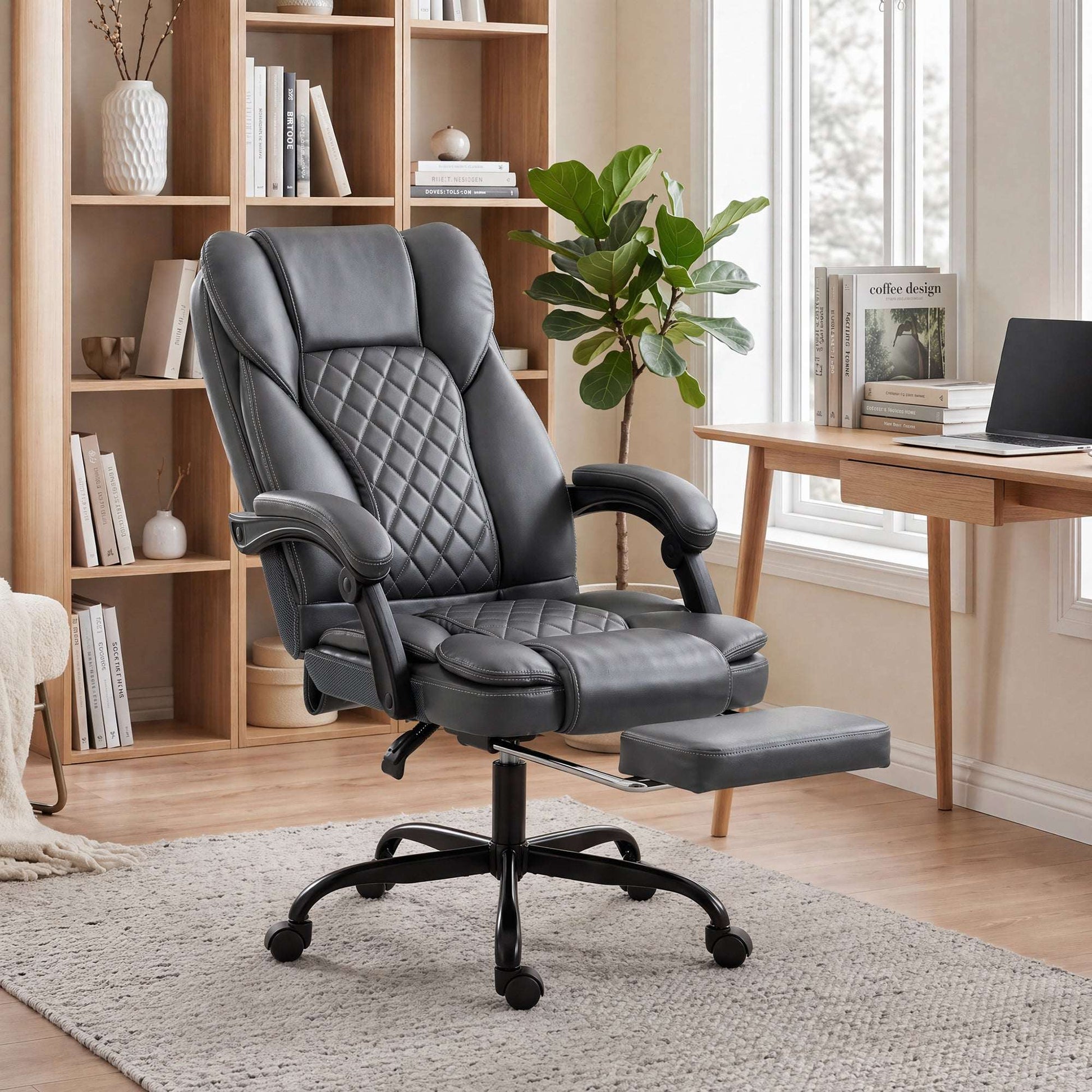 High-Back Executive Reclining Office Chair | 90-135° Recline | Linkage Armrests | Retractable Footrest | Pocket Spring & Foam Seat | PU Leather | EN1335 & BS5852 | 120kg | Grey