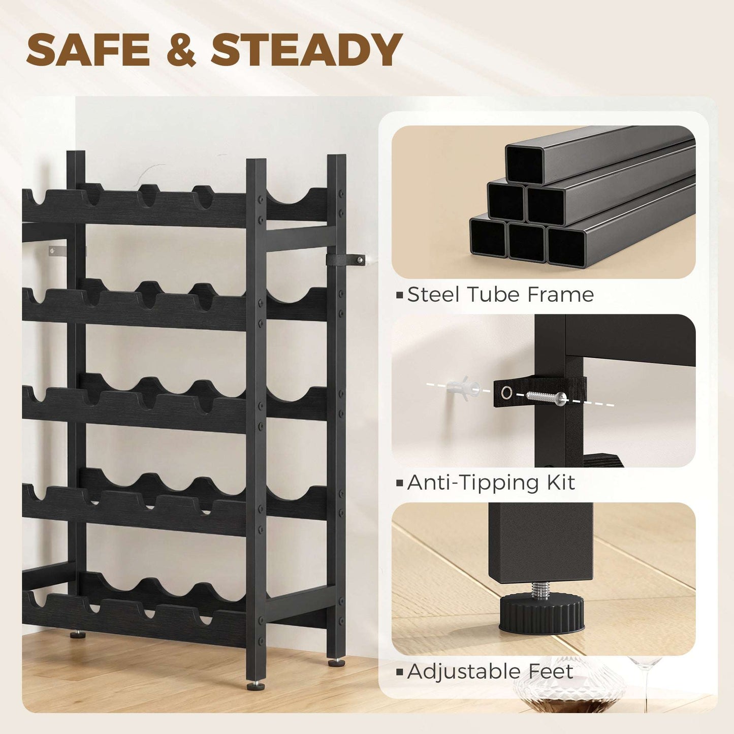 Freestanding Wine Rack | 5-Tier | 20 Bottles | Industrial Steel | Wave Slats | Anti-Tip Strap | Adjustable Feet | Black