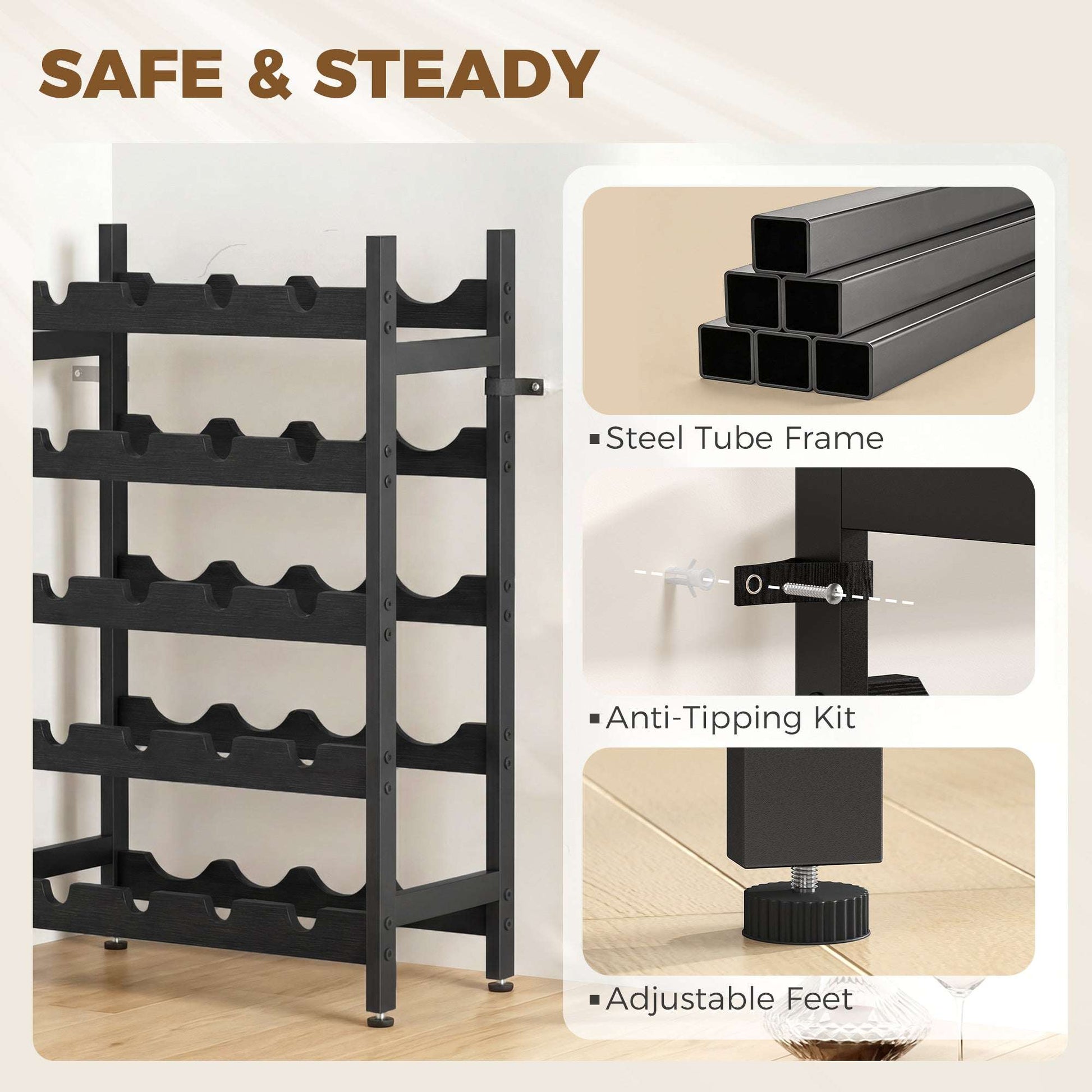 Freestanding Wine Rack | 5-Tier | 20 Bottles | Industrial Steel | Wave Slats | Anti-Tip Strap | Adjustable Feet | Black