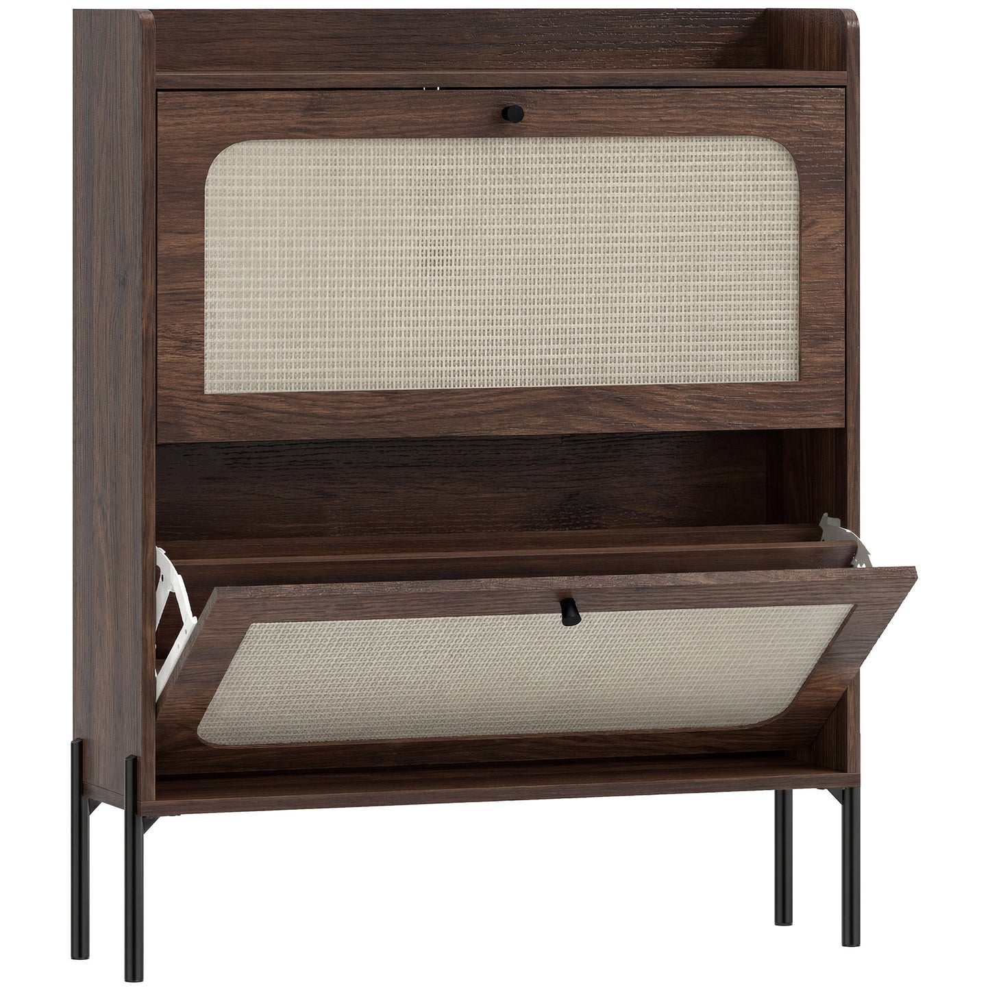 Boho Narrow Shoe Cabinet | 2 Flip Drawers | Rattan Fronts | 12-16 Pairs | Adjustable Shelves | Anti-Tip Hardware | Melamine Coating | 40kg Capacity | 80x23.7x99.5cm | Dark Brown