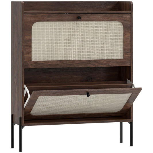 Boho Narrow Shoe Cabinet | 2 Flip Drawers | Rattan Fronts | 12-16 Pairs | Adjustable Shelves | Anti-Tip Hardware | Melamine Coating | 40kg Capacity | 80x23.7x99.5cm | Dark Brown