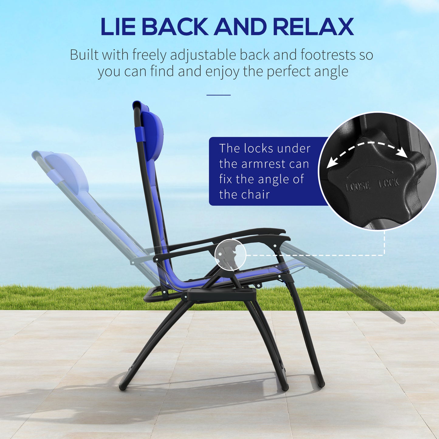 Zero Gravity Lounger Chair, Folding Reclining Patio Chair with Padded Seat, Cup Holder, Soft Cushion and Headrest for Poolside, Camping, Blue