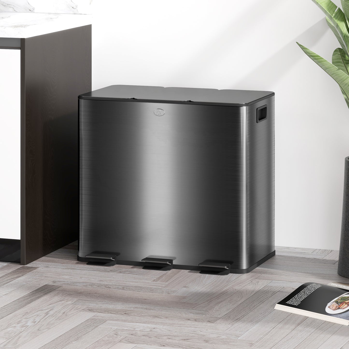 3 x 15L Pedal Bin, Steel Triple Kitchen Bin with Soft Close Lid, Removable Inner Buckets, Fingerprint-Proof, Black